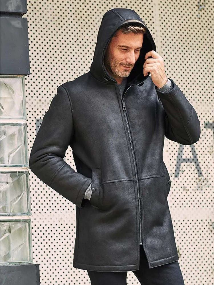 Men's Black B3 Shearling Leather Jacket with Hood