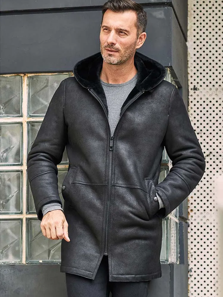 Men's Black B3 Shearling Leather Jacket with Hood