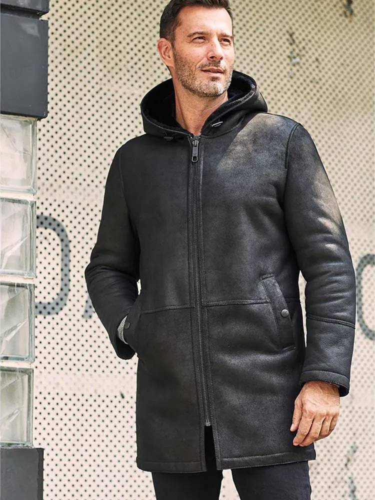 Men's Black B3 Shearling Leather Jacket with Hood