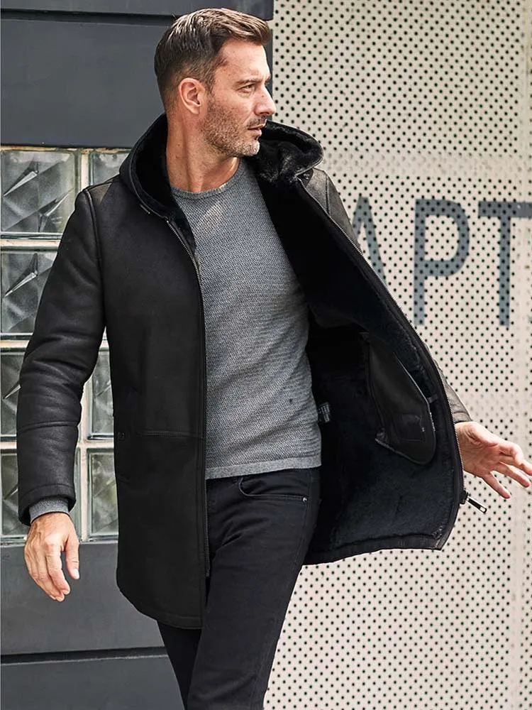 Men's Black B3 Shearling Leather Jacket with Hood