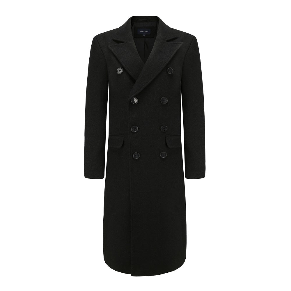 Men's Double-Breasted Knee Length Wool Blend Three Button Long Jacket Overcoat Top Coat