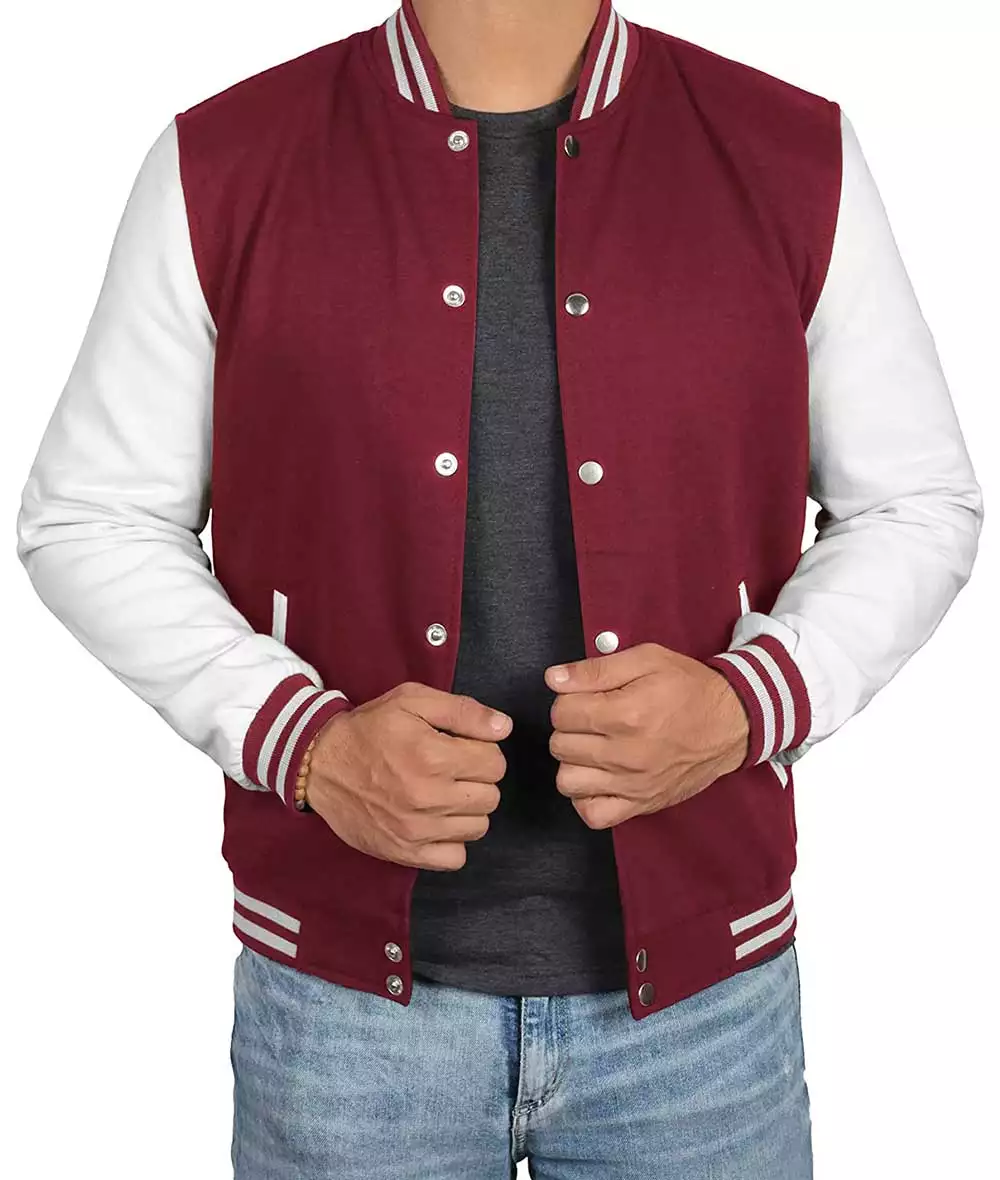 Mens Maroon Varsity Jacket with White Sleeves - Letterman Baseball Style