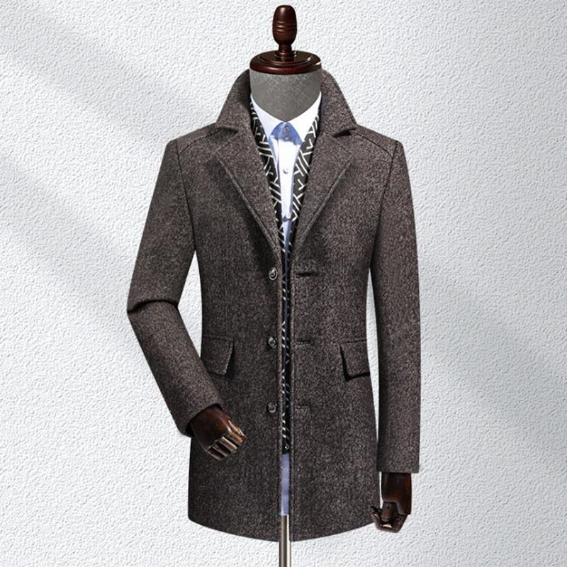 Men's Solid Mandarin Collor Outerwear Casual Long Woolen Overcoat