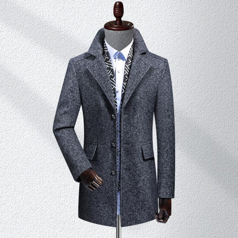 Men's Solid Mandarin Collor Outerwear Casual Long Woolen Overcoat