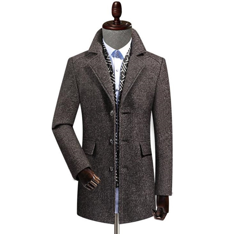 Men's Solid Mandarin Collor Outerwear Casual Long Woolen Overcoat