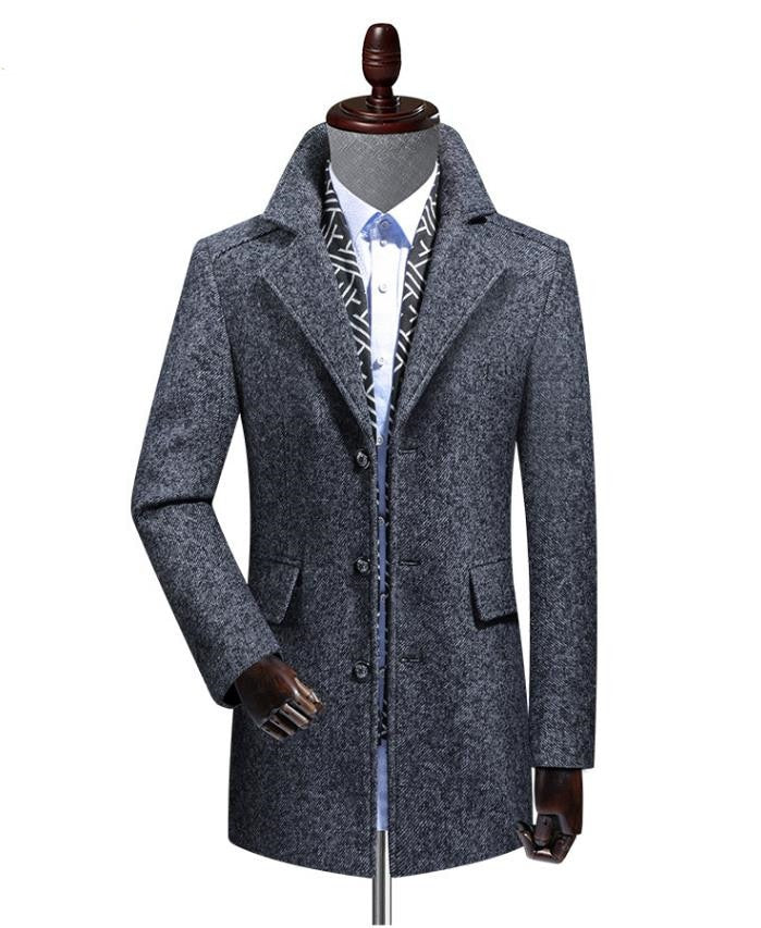 Men's Solid Mandarin Collor Outerwear Casual Long Woolen Overcoat