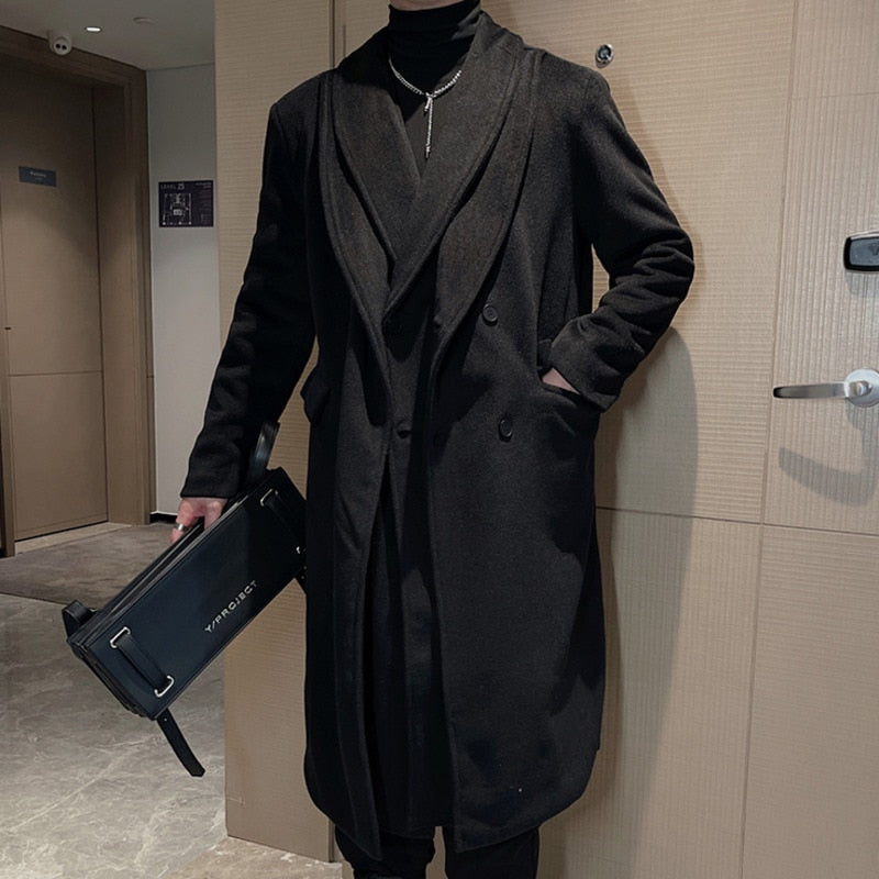 Men's Two Piece Woolen Overcoat Version Windbreaker Long Tweed Coat