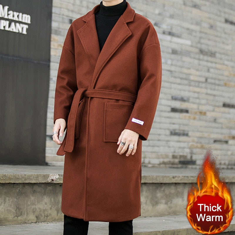 Men's Winter England Style Polyester Long Belt Slim Fit Overcoat Jacket