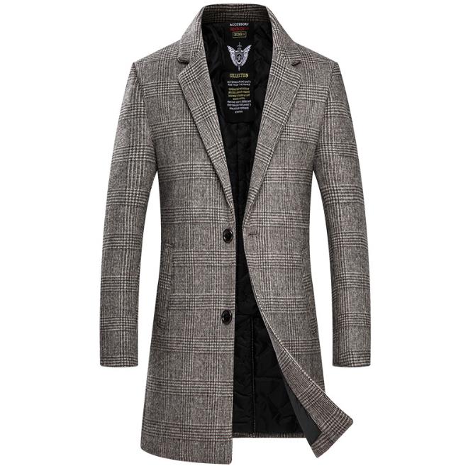 Men's Winter Polyester Casual Slim Plaid Outerwear Trench Overcoat