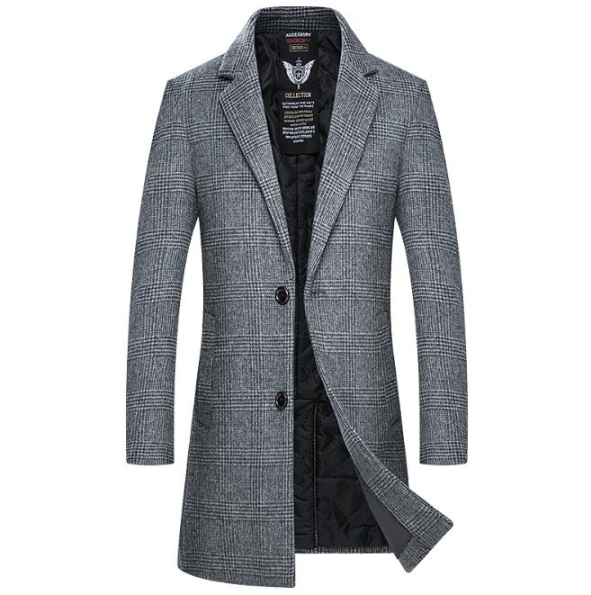 Men's Winter Polyester Casual Slim Plaid Outerwear Trench Overcoat