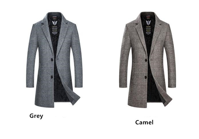 Men's Winter Polyester Casual Slim Plaid Outerwear Trench Overcoat