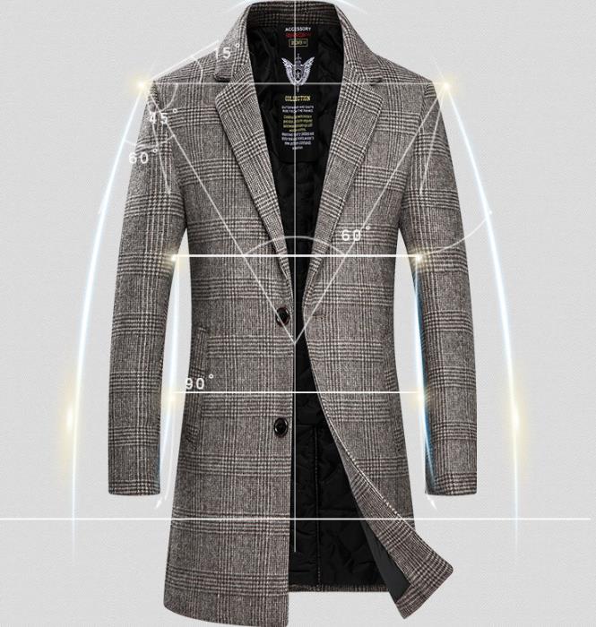 Men's Winter Polyester Casual Slim Plaid Outerwear Trench Overcoat