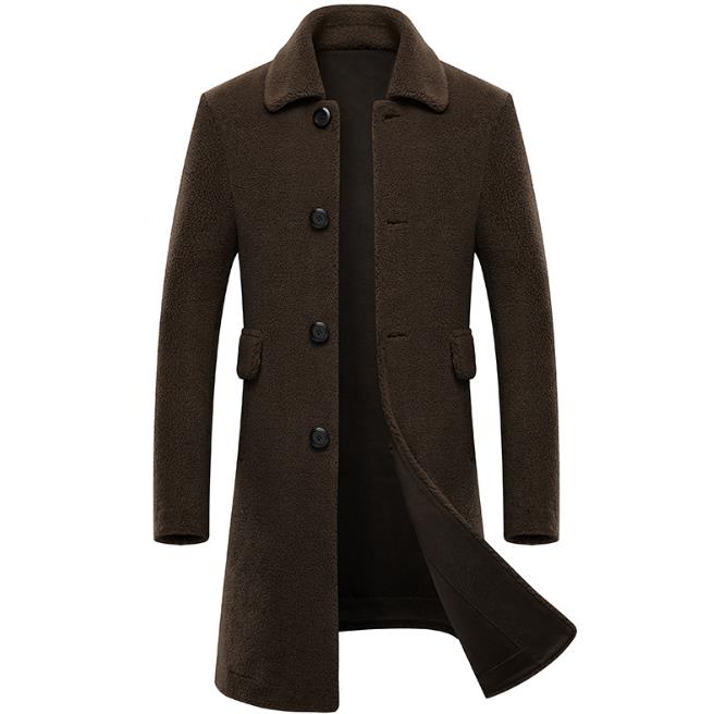 Men's Winter Solid Casual Style Pellet Sheep Shearling Woolen Overcoat