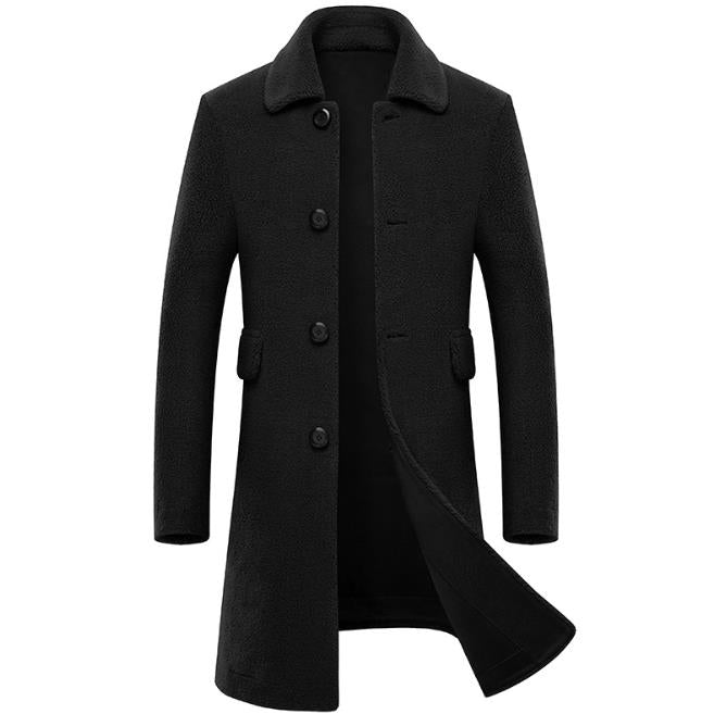 Men's Winter Solid Casual Style Pellet Sheep Shearling Woolen Overcoat