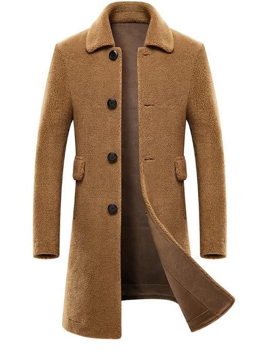 Men's Winter Solid Casual Style Pellet Sheep Shearling Woolen Overcoat