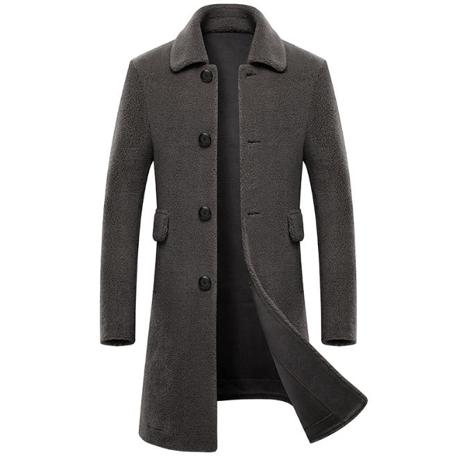 Men's Winter Solid Casual Style Pellet Sheep Shearling Woolen Overcoat