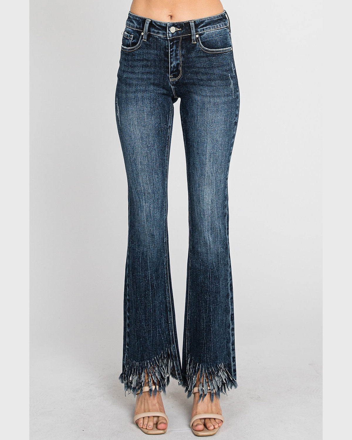 Mid Rise Bootcut Fringe Hem Jeans