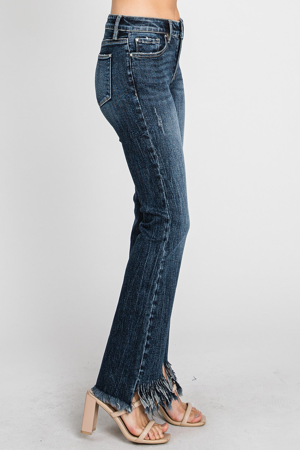 Mid Rise Bootcut Fringe Hem Jeans