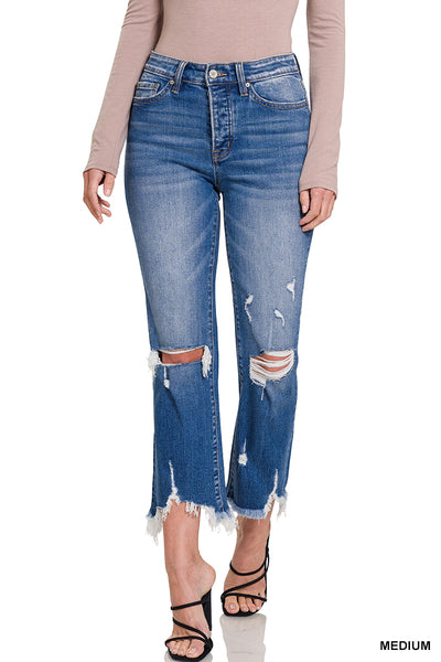 Mid Rise Distressed Bootcut Cropped Denim