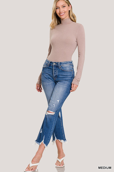 Mid Rise Distressed Bootcut Cropped Denim