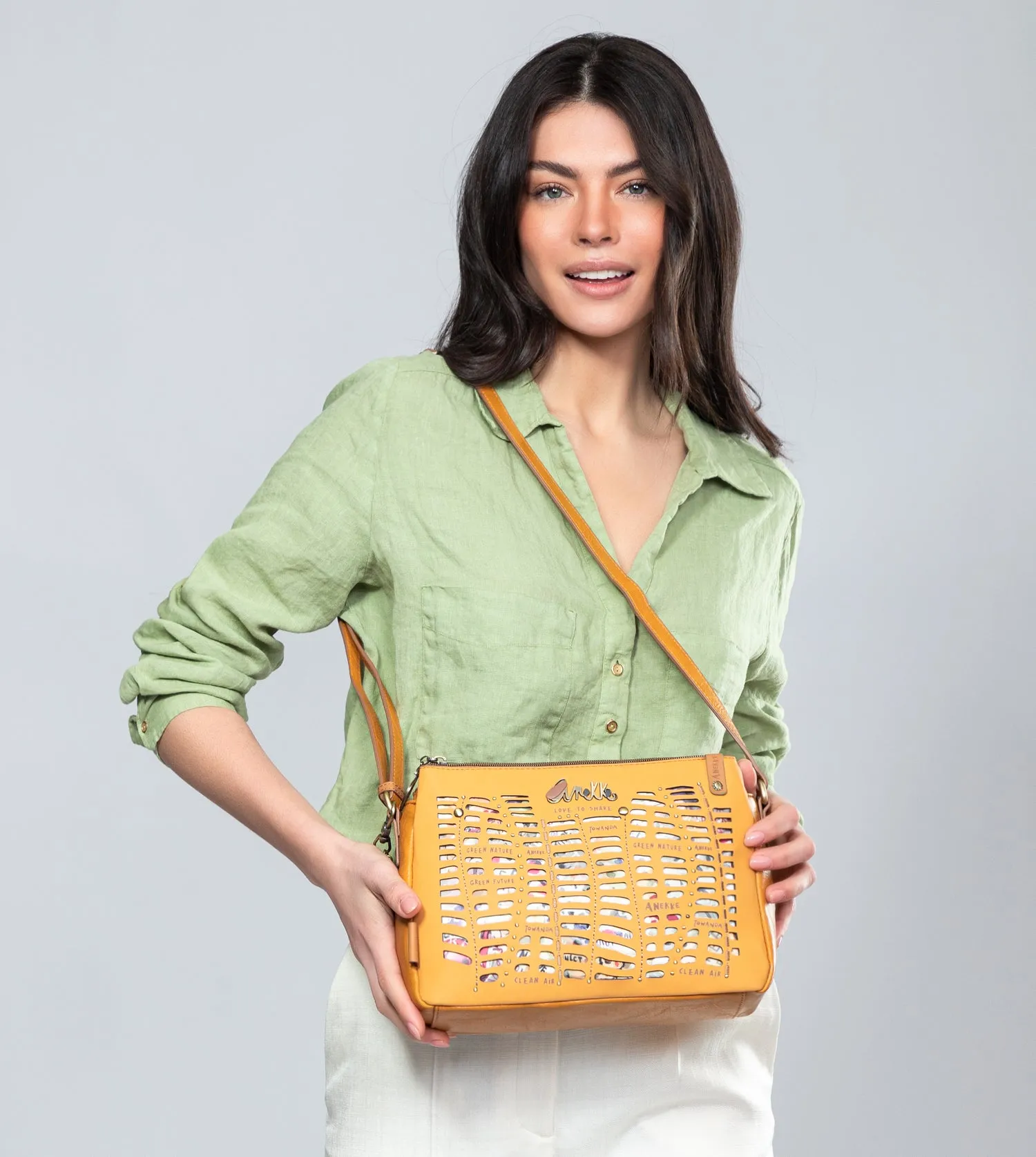 Nature Pachamama ochre crossbody bag with 3 compartments