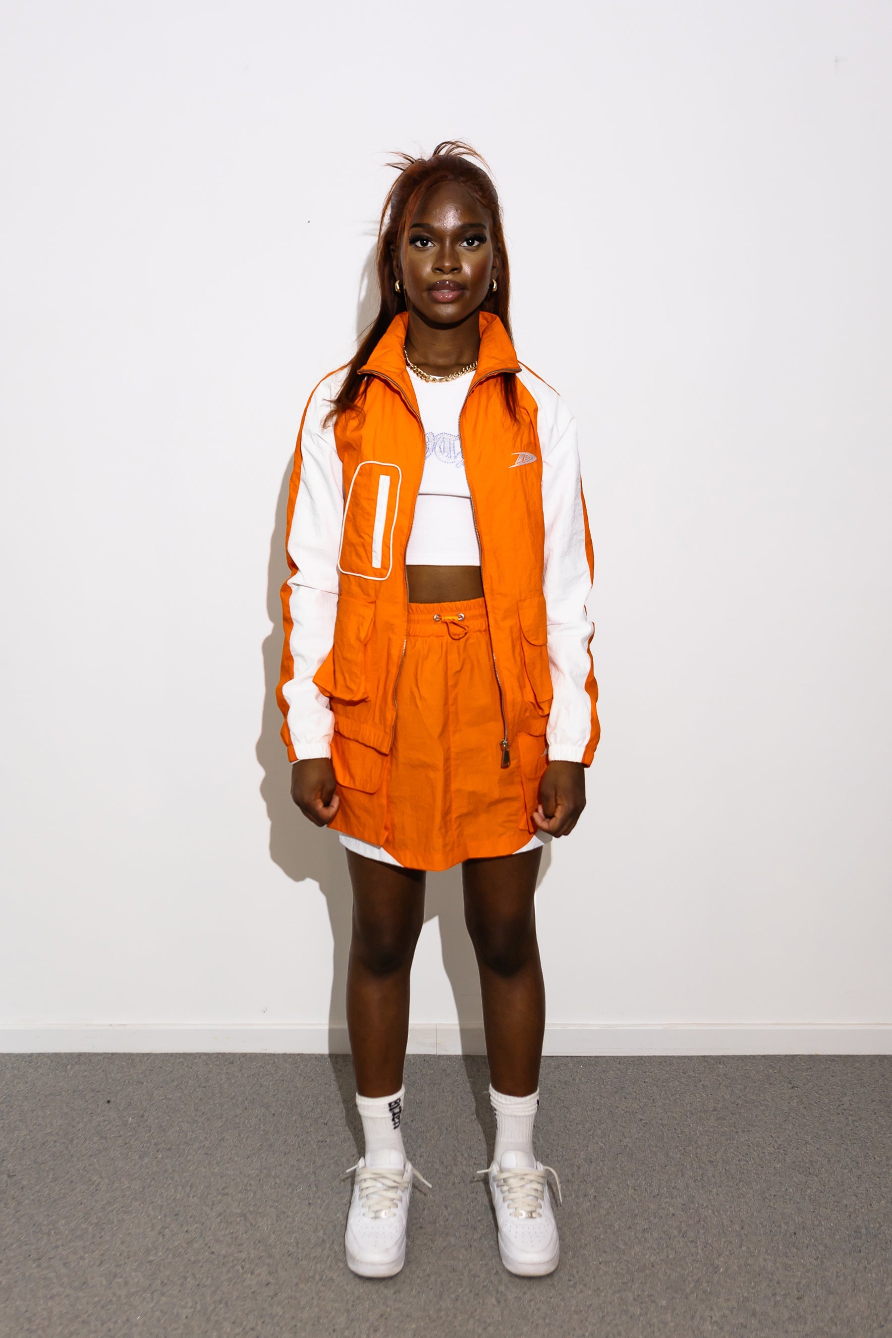 Orange windbreaker cargo skirt