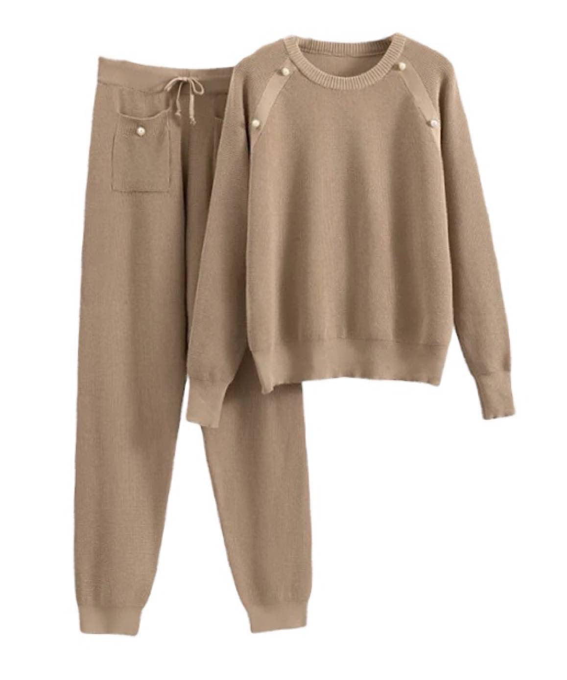 Pearl Button Pants With Sweatshirt Knit Set