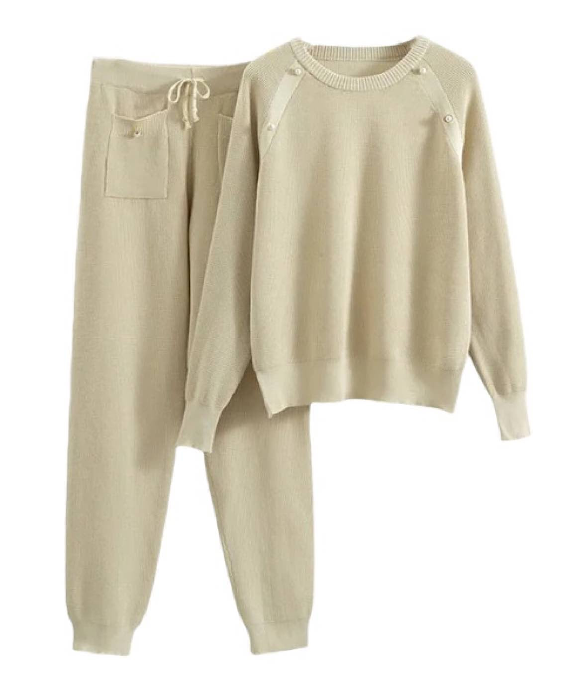 Pearl Button Pants With Sweatshirt Knit Set