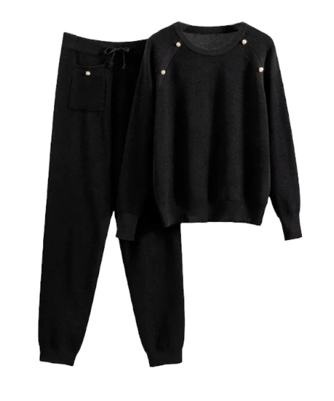 Pearl Button Pants With Sweatshirt Knit Set