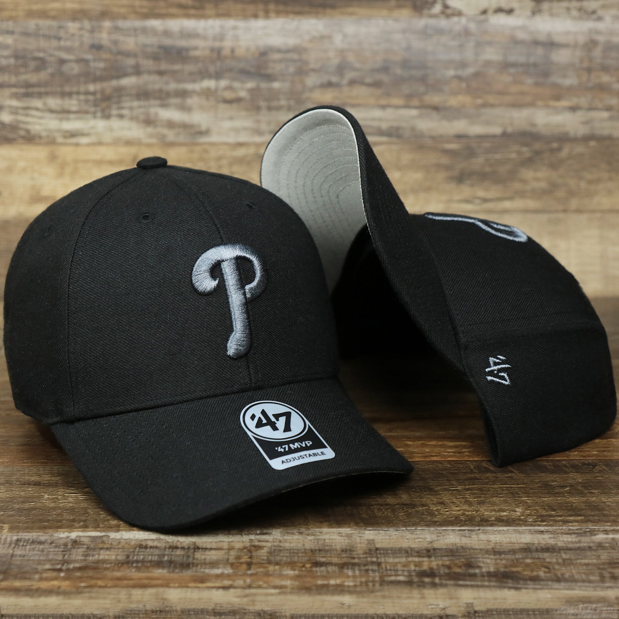 Philadelphia Phillies Gray Logo Gray Bottom Wool Dad Hat | Black Wool Dad Hat