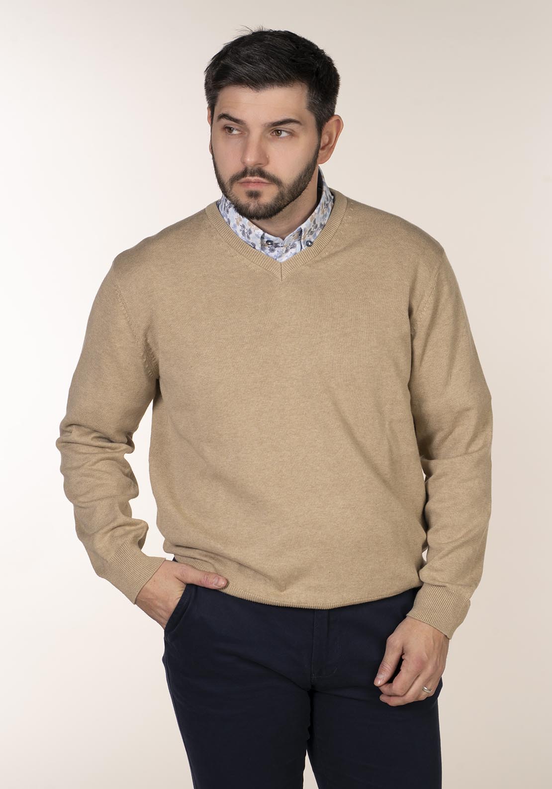 Plain Cotton V Neck Sweaters - Beige