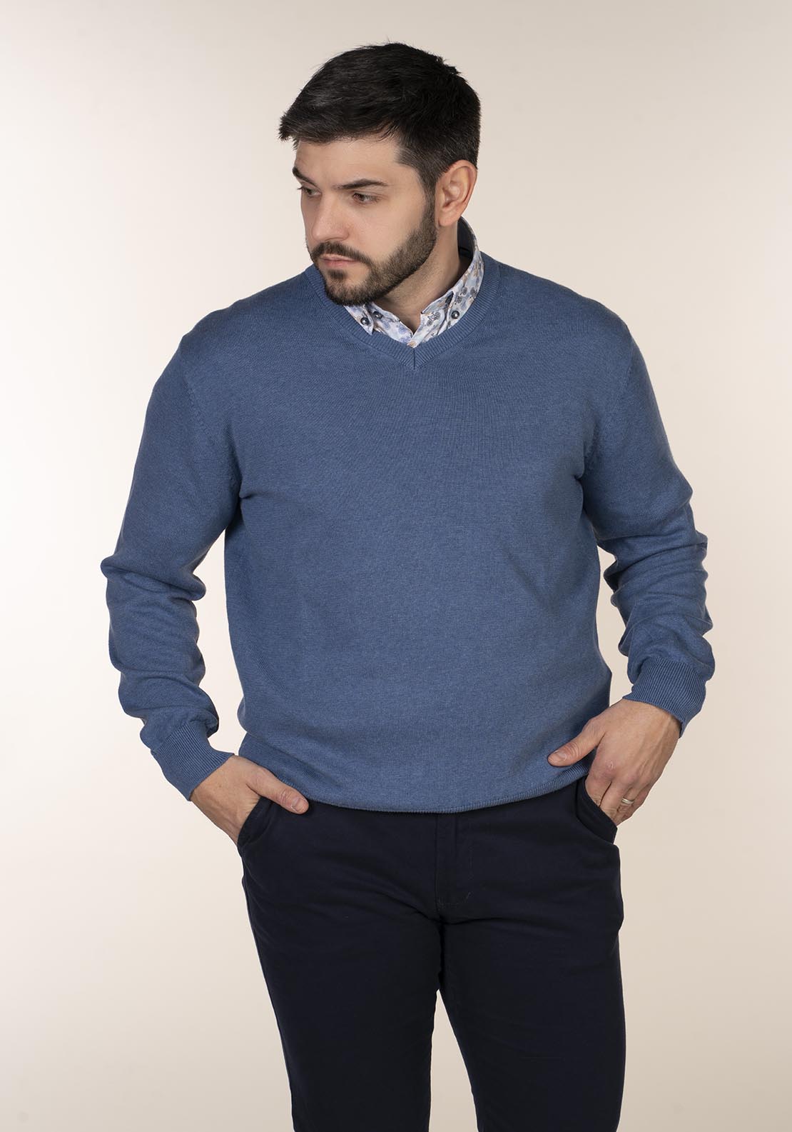 Plain Cotton V Neck Sweaters - Blue