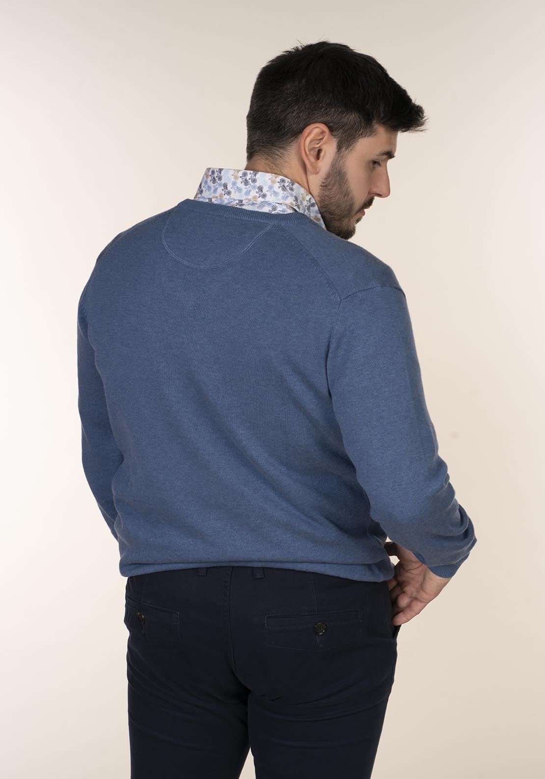 Plain Cotton V Neck Sweaters - Blue