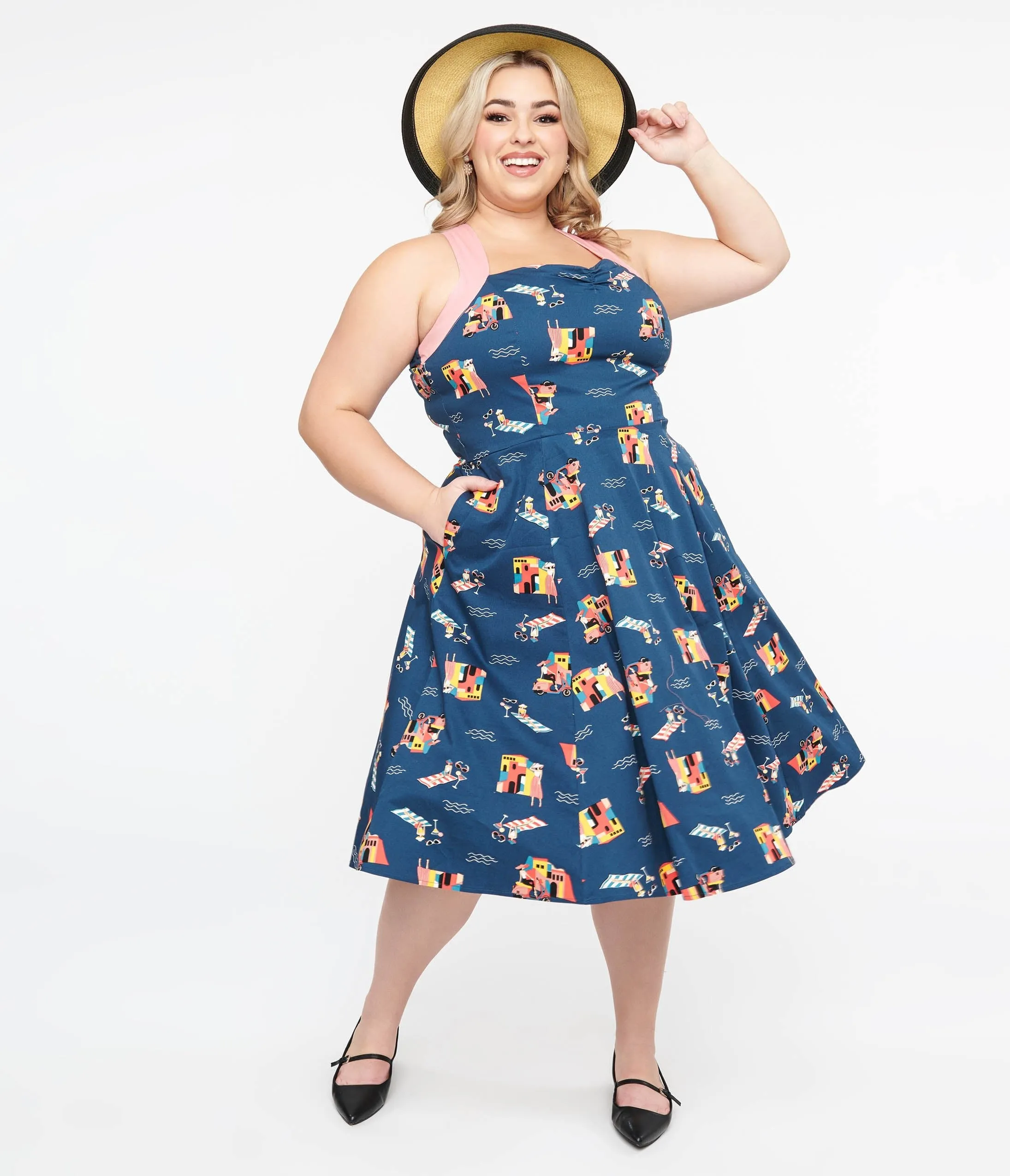 Plus Size 1950s Blue Cotton Portofino Living Print Swing Dress