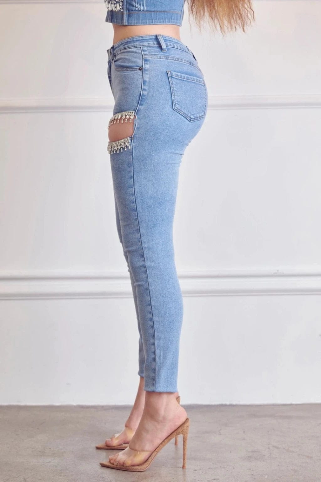 Rhinestone Curvy Stretch Skinny Jeans - Light Blue Wash