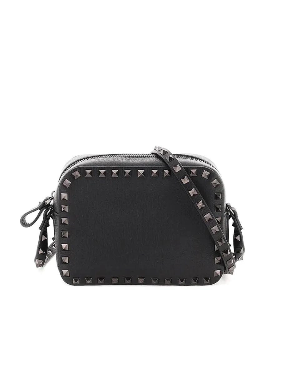 Small Rockstud Grainy Leather Crossbody Bag in Black