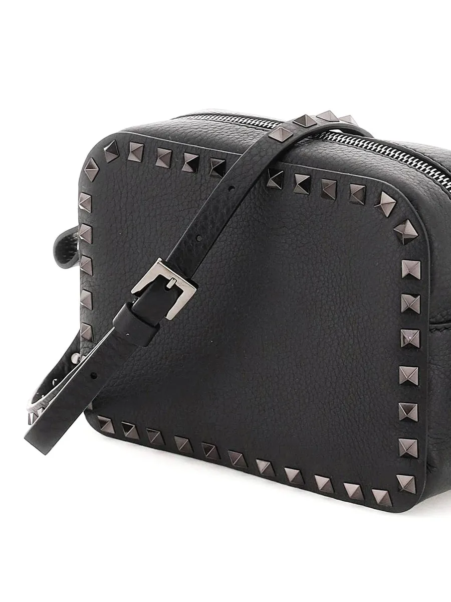 Small Rockstud Grainy Leather Crossbody Bag in Black