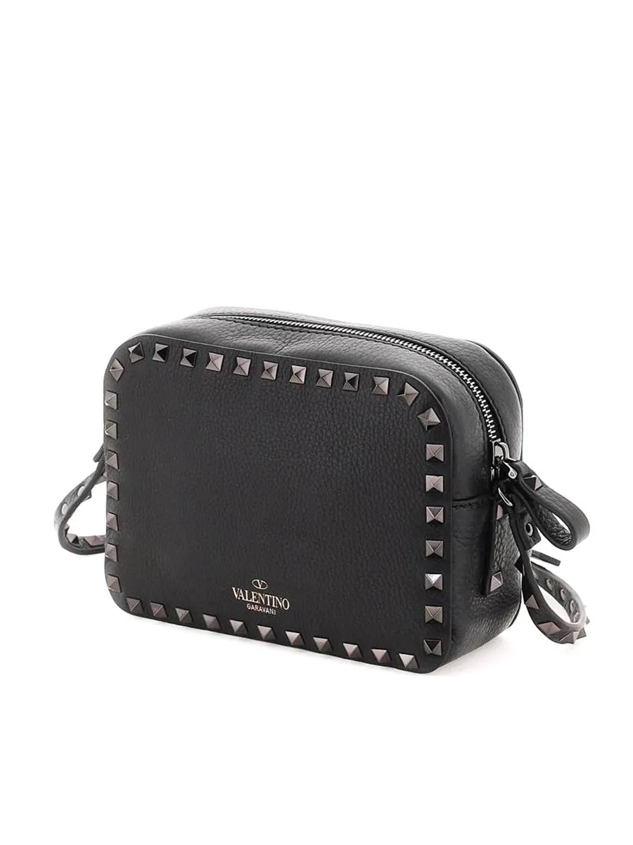 Small Rockstud Grainy Leather Crossbody Bag in Black