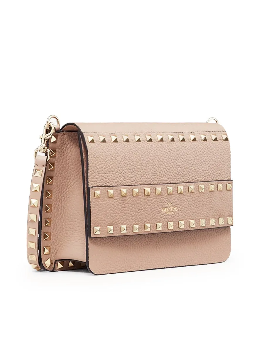 Small Rockstud Grainy Leather Crossbody Bag in Poudre