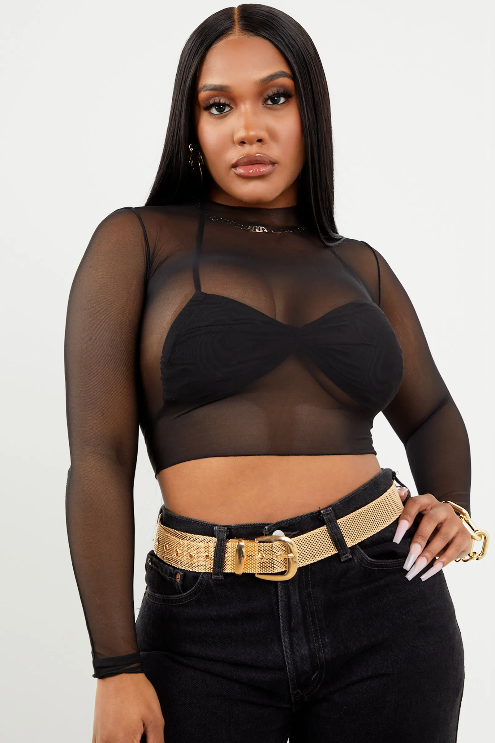 Sorella Black Mesh Long Sleeve Top