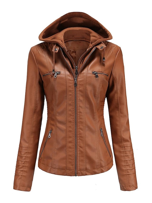 Stylish Windproof Faux Leather Moto Biker Hoodie Jacket for Women