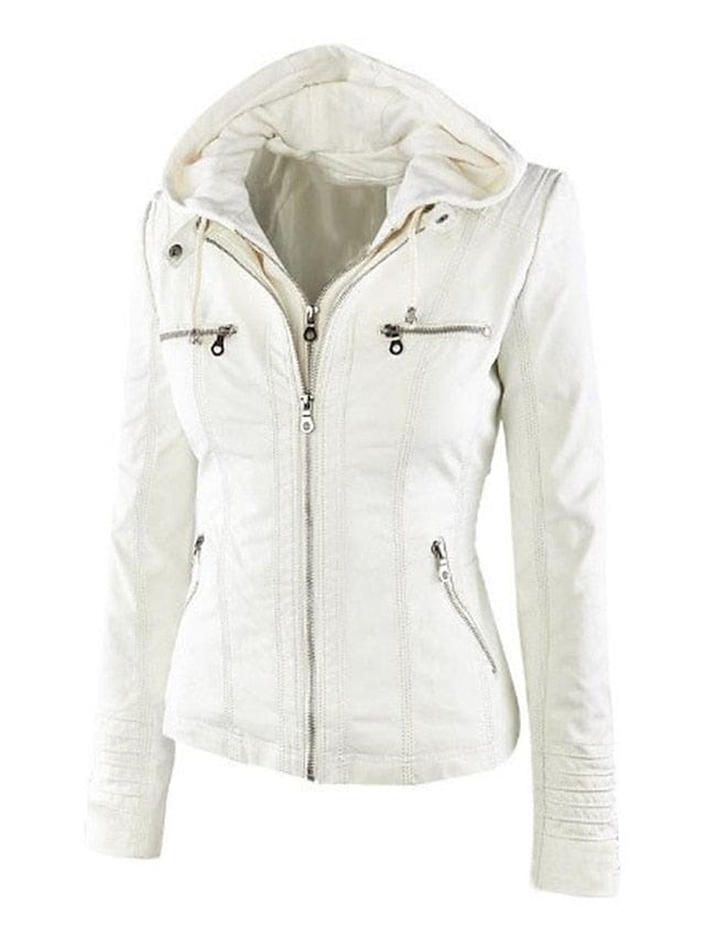 Stylish Windproof Faux Leather Moto Biker Hoodie Jacket for Women