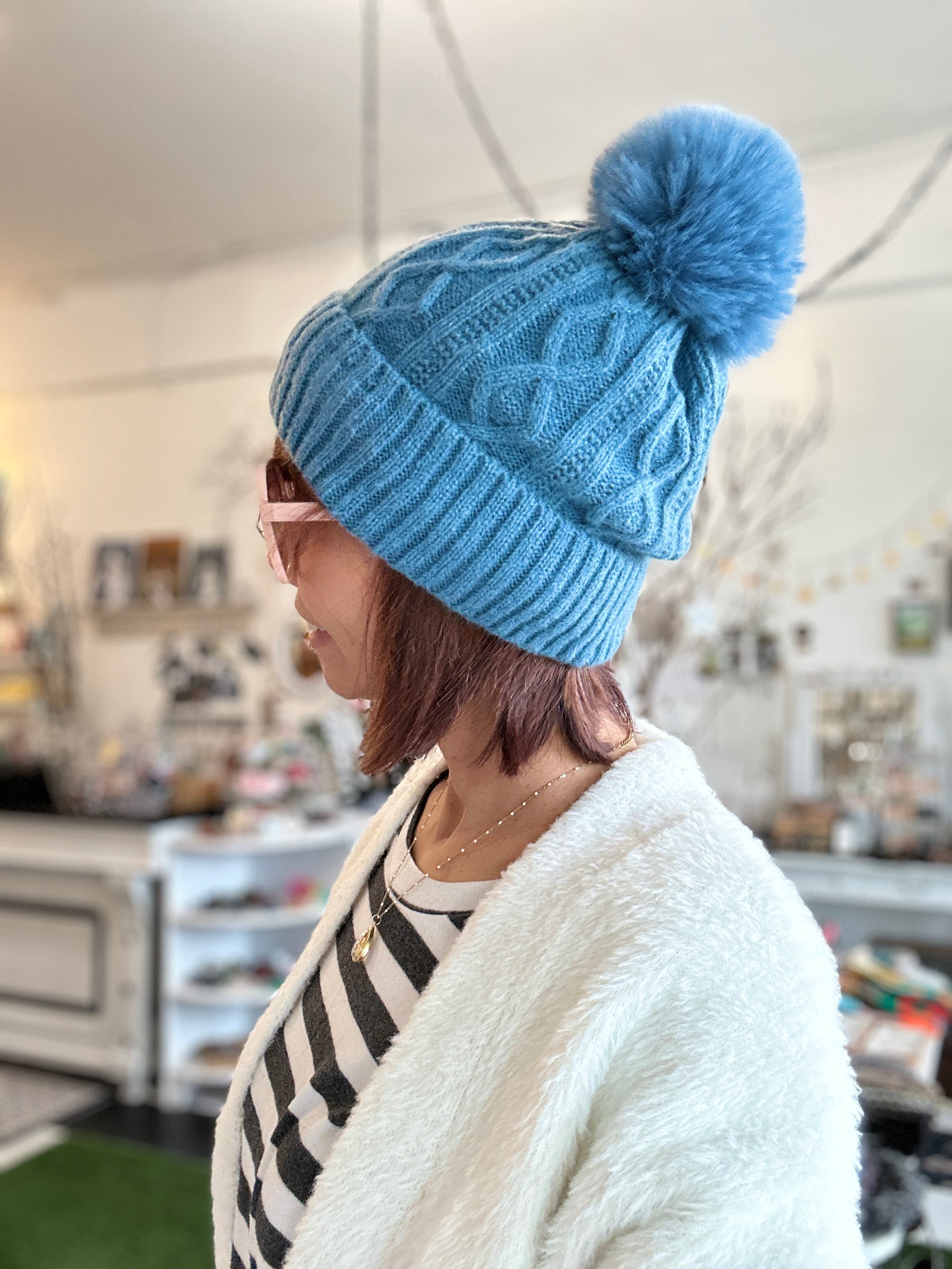 Teal Knitted Pom-Pom Beanie Hat