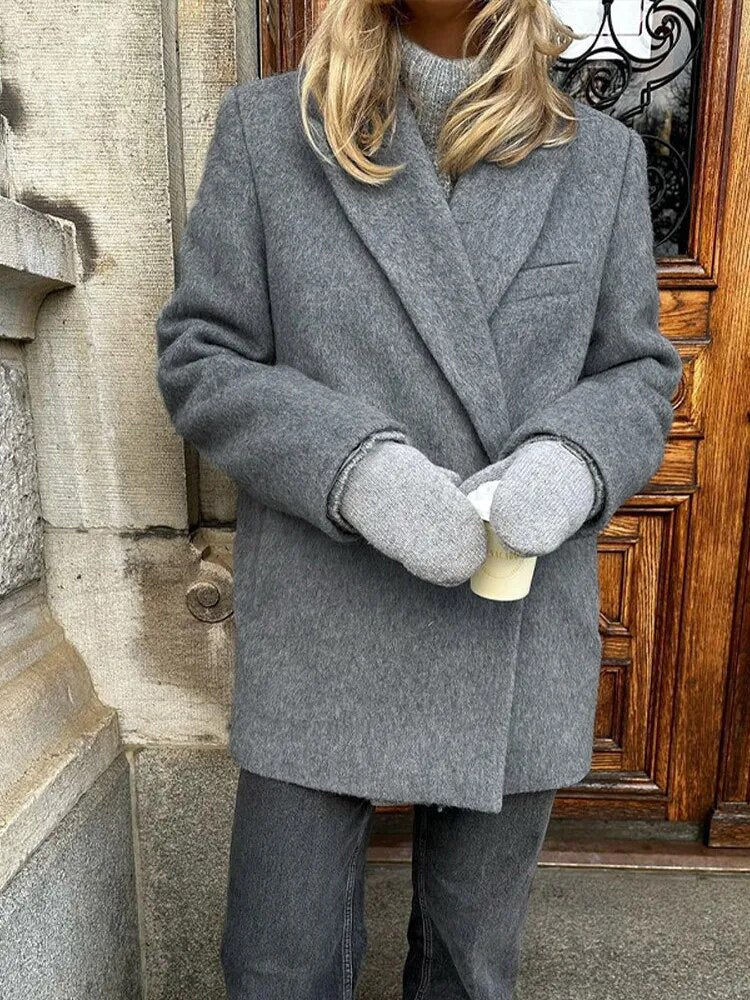 Thicken Woolen Blazer Jacket Women Turn-down Collar Long Sleeve Warm Female Coat 2023