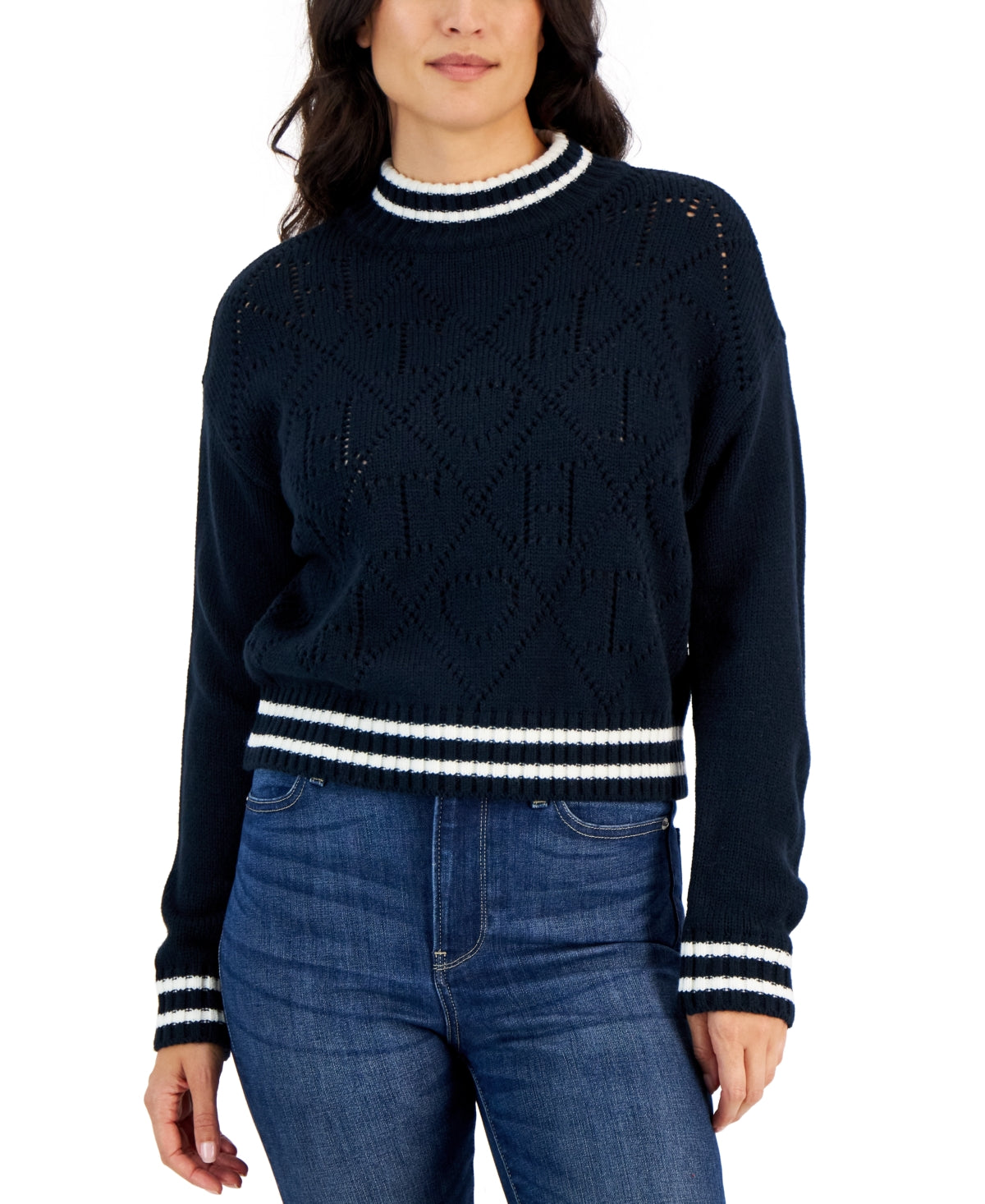 Tommy Hilfiger Women's Argyle Logo Mock Neck Sweater Blue Size X-Large