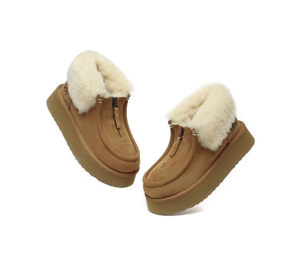 UGG AUSTRALIAN SHEPHERD Sheepskin Wool Collar Zipper Platform Mini Ankle Boots