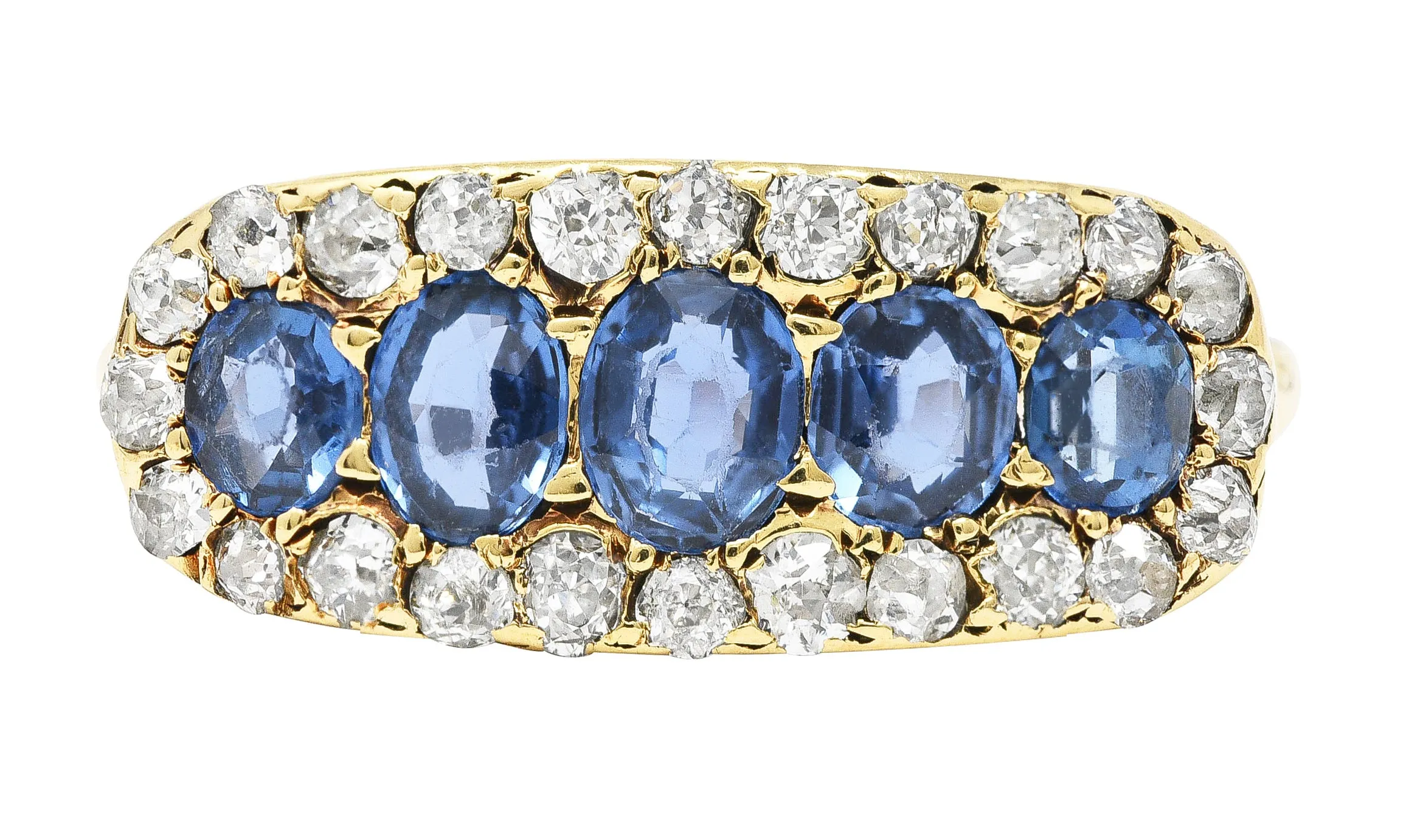 Victorian 1.82 CTW Sapphire Old European Cut Diamond 14 Karat Yellow Gold Antique Five Stone Halo Ring