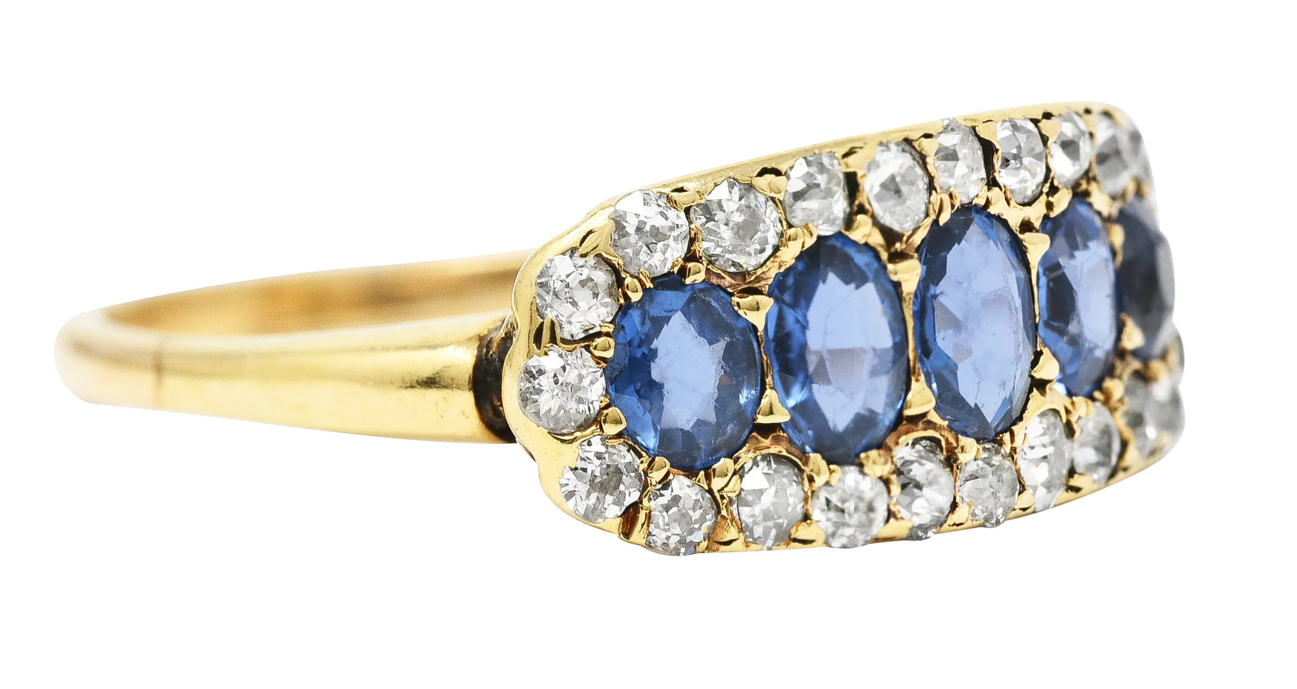 Victorian 1.82 CTW Sapphire Old European Cut Diamond 14 Karat Yellow Gold Antique Five Stone Halo Ring