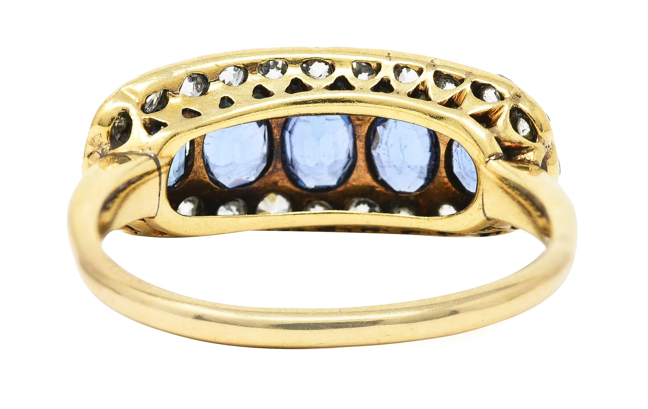 Victorian 1.82 CTW Sapphire Old European Cut Diamond 14 Karat Yellow Gold Antique Five Stone Halo Ring