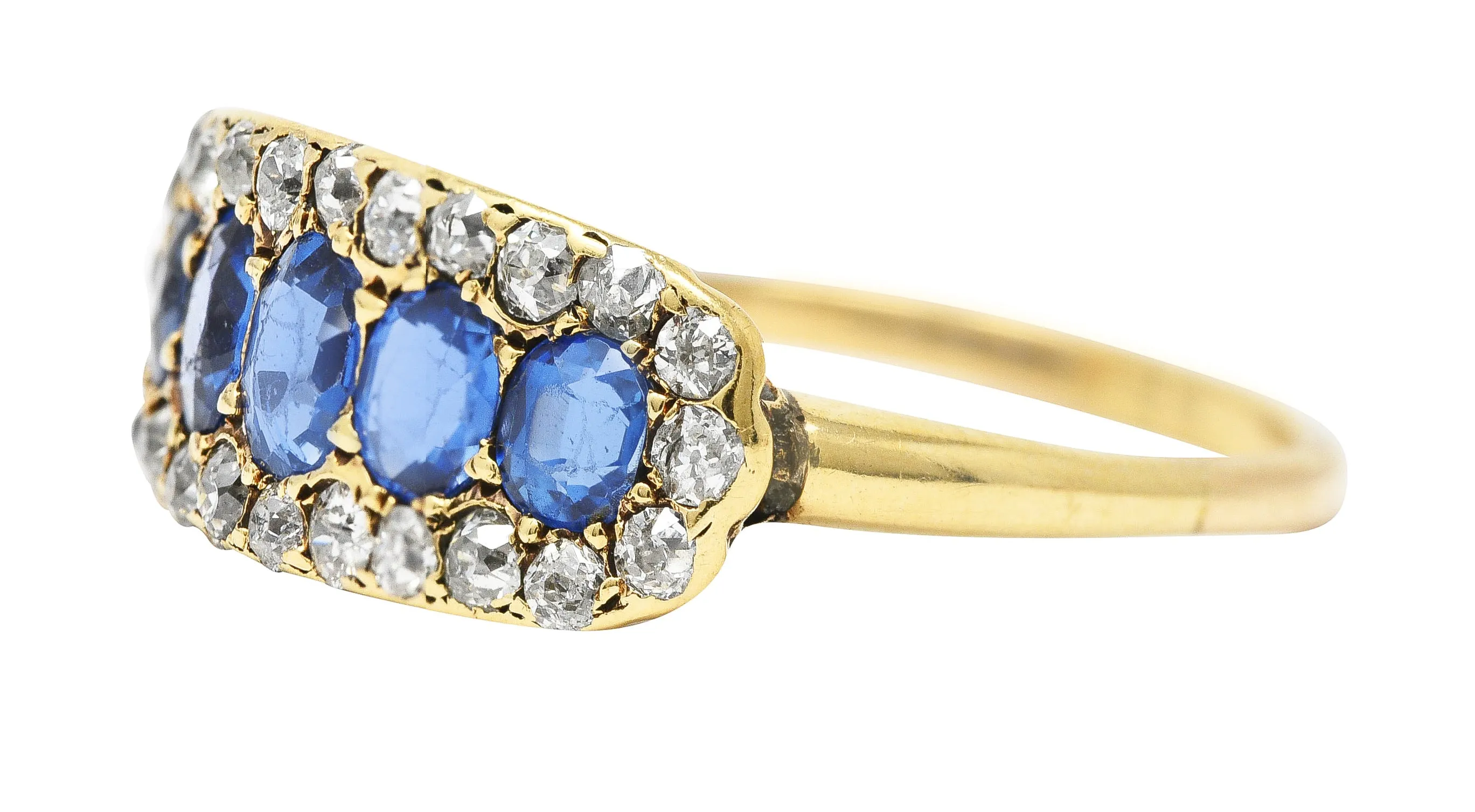 Victorian 1.82 CTW Sapphire Old European Cut Diamond 14 Karat Yellow Gold Antique Five Stone Halo Ring